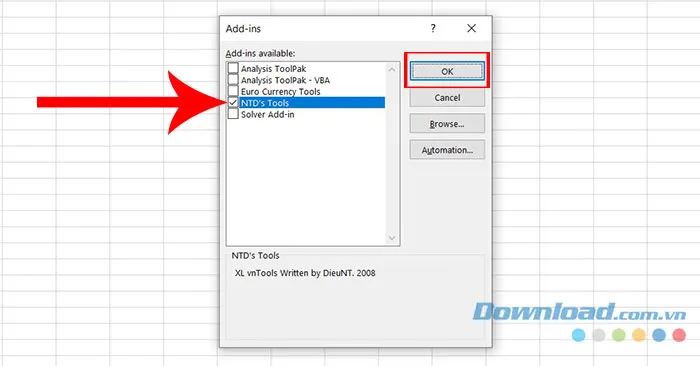 Tích chọn ô vuông ở mục NTD’s Tools và nhấn OK để tích hợp VnTools