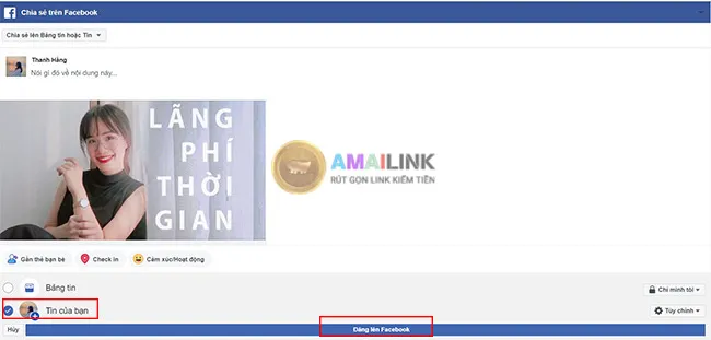 Tích chọn "Tin của bạn" để đăng link YouTube lên Story Facebook trên máy tính.