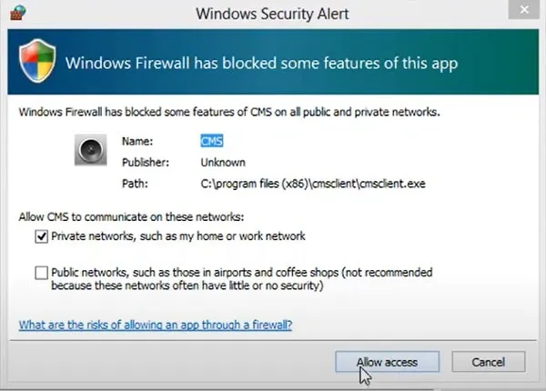 Tích vào “Allow access” để cấp quyền truy cập mạng cho phần mềm Yoosee