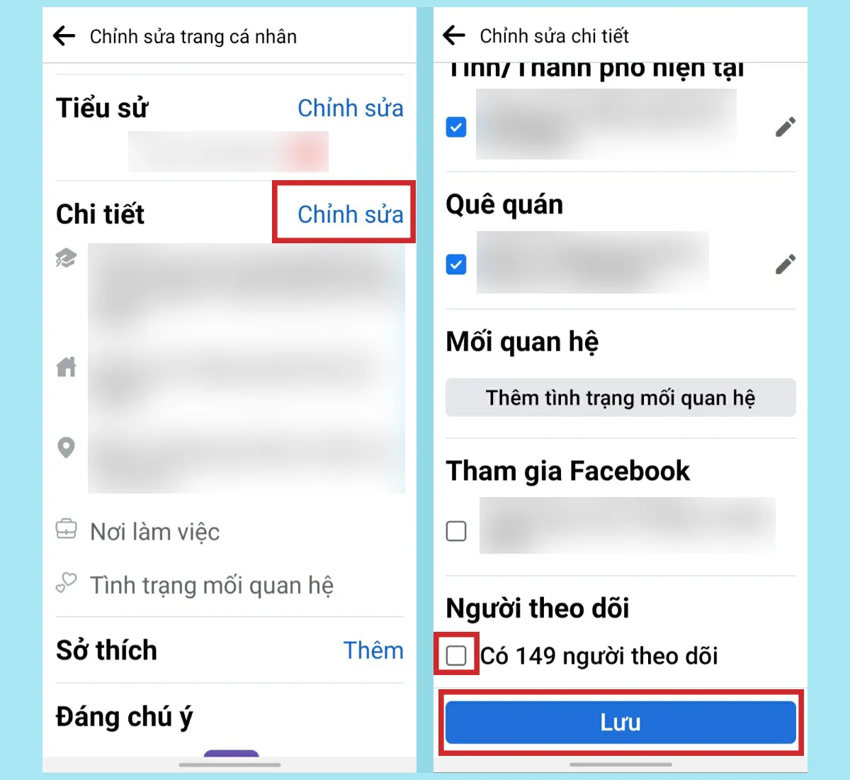 Tick chọn mục Người theo dõi và Lưu để hoàn thành hiển thị trên hồ sơ di động