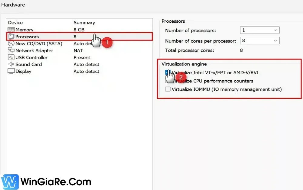 Tick chọn Virtualize Intel VT-x or AMD-V/RVI trong Processors