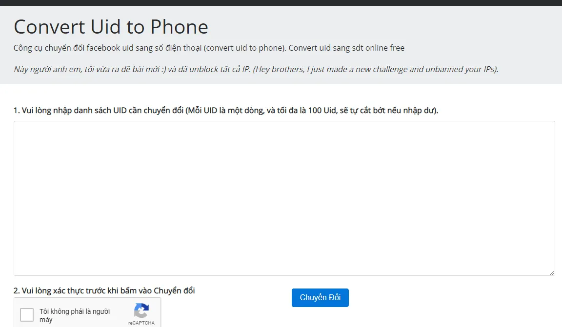 Tiến hành điền UID facebook để tra cứu số điện thoại