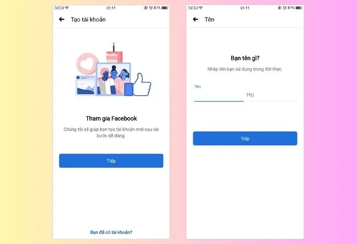 Tiến hành nhập Họ tên, bước quan trọng để Facebook xác định danh tính của bạn