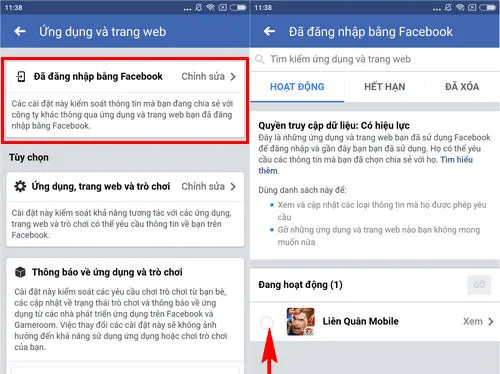 Tiếp theo, nhấn vào mục Đã đăng nhập bằng Facebook