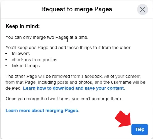 Tiếp tục nhấn Tiếp để gộp 2 trang