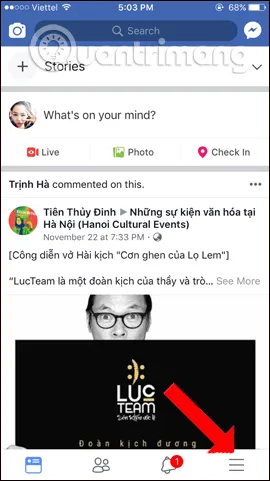 Tìm kiếm biểu tượng 3 dấu gạch ngang để mở menu trên Facebook di động