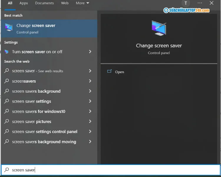 Tìm kiếm Change Screen Saver trong thanh tìm kiếm Windows 10
