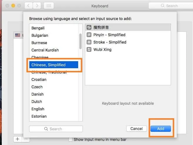 Tìm kiếm hoặc kéo xuống chọn Chinese, Simplified, sau đó chọn Pinyin – Simplified rồi nhấn Add