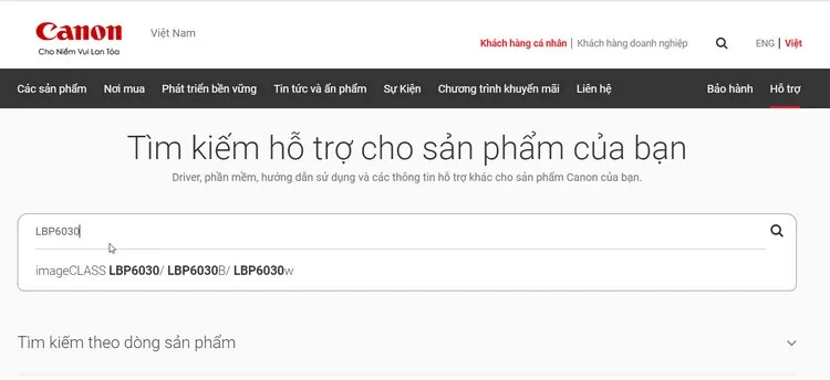 Tìm kiếm mã sản phẩm máy in LBP6030 trên website Canon