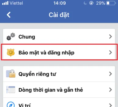 Tìm kiếm mục bảo mật và đăng nhập trong cài đặt tài khoản Facebook