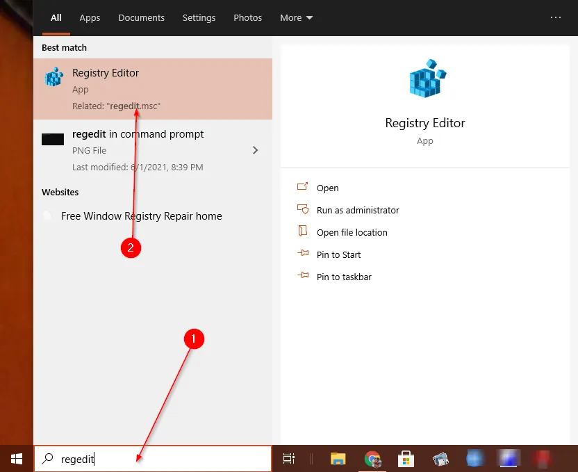 Tìm kiếm Registry Editor trên thanh Taskbar để cấu hình trình duyệt