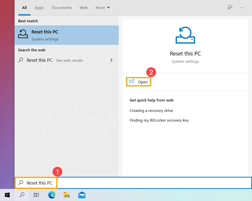Tìm kiếm tùy chọn Đặt lại PC này trên Windows 10