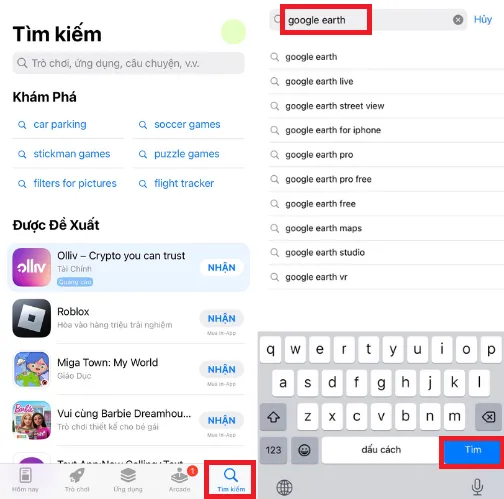 Tìm kiếm ứng dụng Google Earth sau khi hoàn thành cách cài đặt cho iPhone