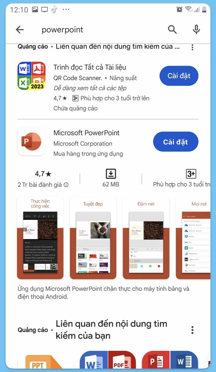 Tìm kiếm ứng dụng PowerPoint trên Google Play để cài đặt powerpoint trên Android