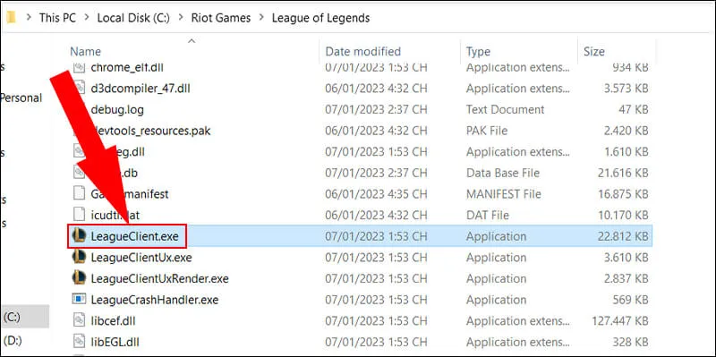 Tìm kiếm và chọn file LeagueClient.exe trong thư mục LMHT