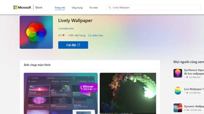 Tìm kiếm và chọn ứng dụng Lively Wallpaper trên Microsoft Store