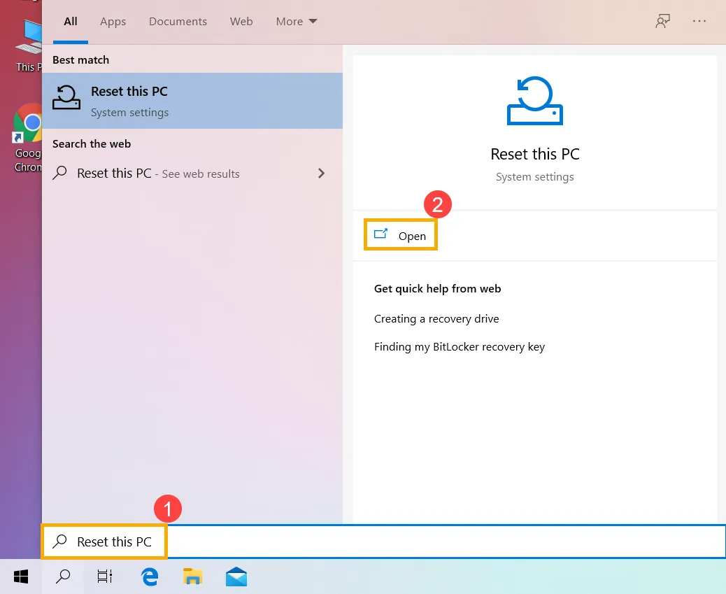 Tìm kiếm và mở cài đặt Đặt lại PC này trong Windows 10 để xóa mọi thứ