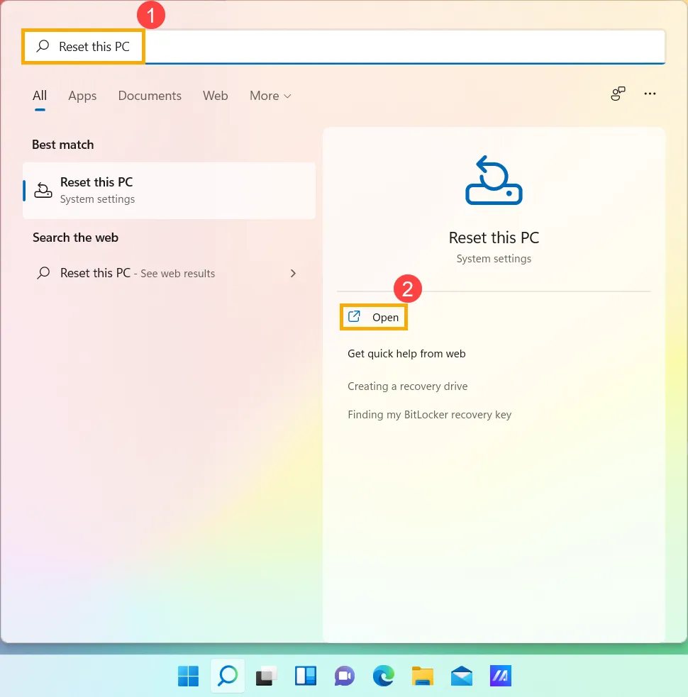 Tìm kiếm và mở cài đặt Đặt lại PC này trong Windows 11 để xóa mọi thứ