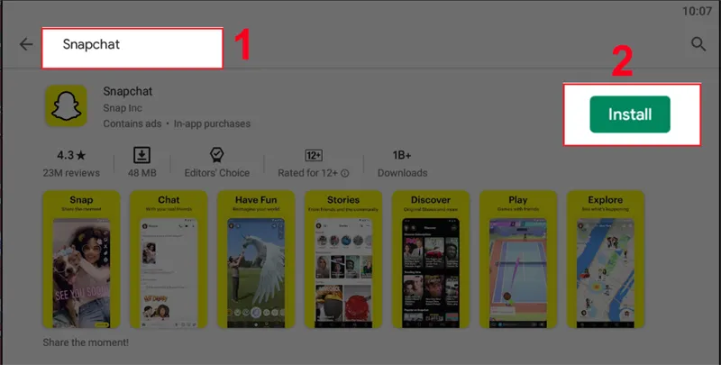 Tìm kiếm và nhấn Install để cài đặt Snapchat