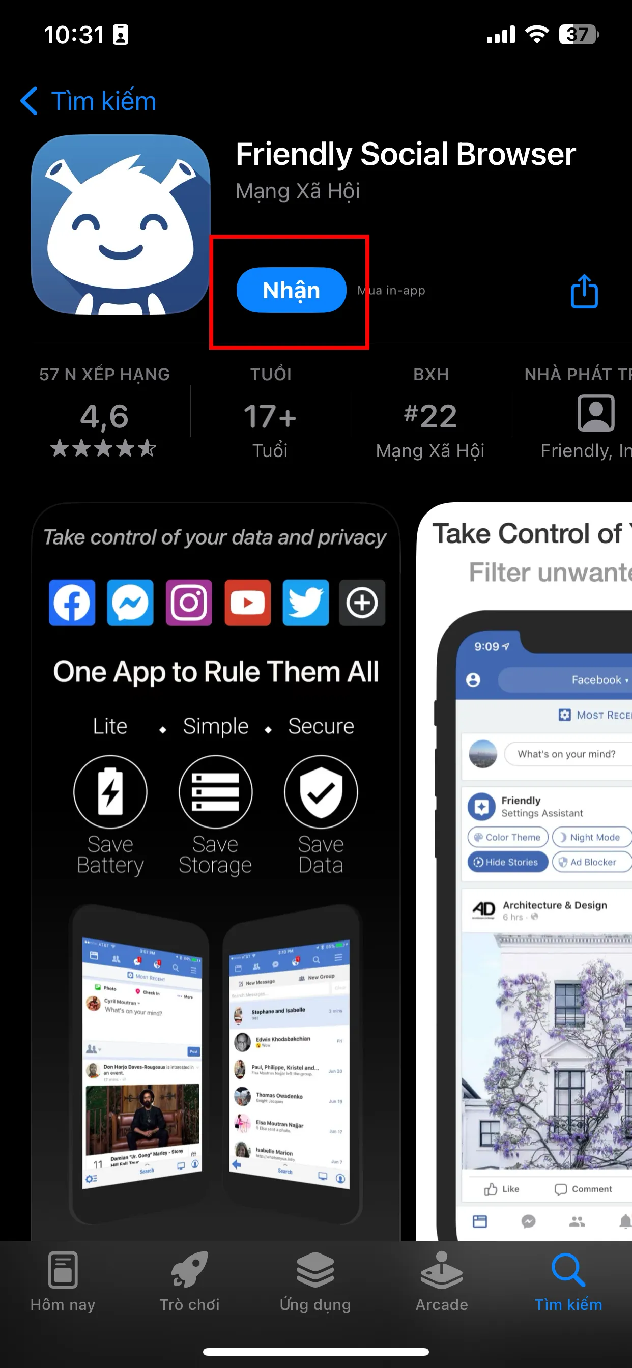 Tìm kiếm và tải ứng dụng Friendly Social Browser như một cách dùng Facebook Lite thay thế