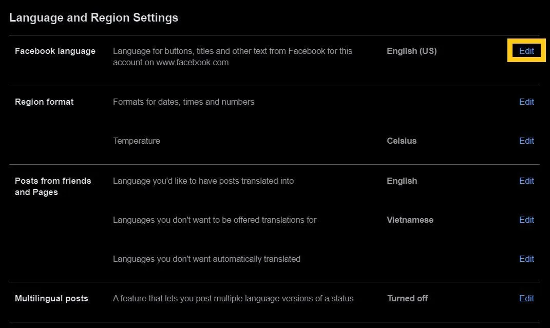 Tìm mục Ngôn ngữ và Vùng để thực hiện cách chuyển Facebook sang Tiếng Việt trên máy tính