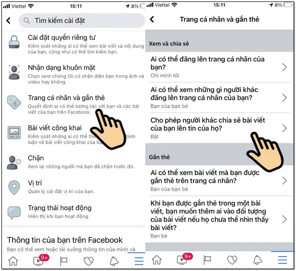 Tìm và chọn mục Cho phép người khác chia sẻ bài viết của bạn trong cài đặt Trang cá nhân và gắn thẻ