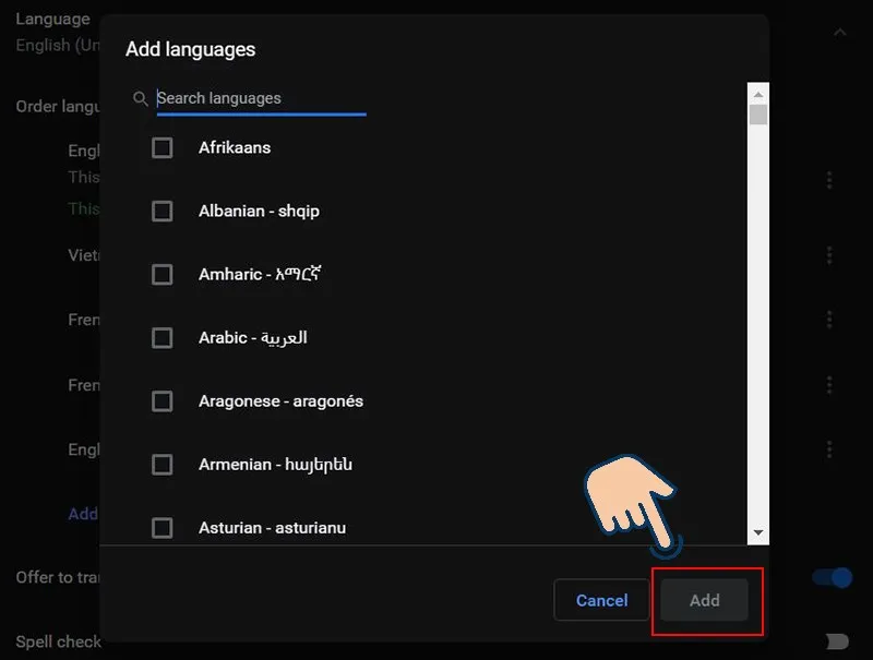 Tìm và chọn Tiếng Việt để thêm vào Chrome