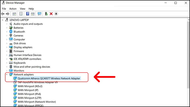 Tìm và chọn Wireless Adapter trong Device Manager để gỡ cài đặt