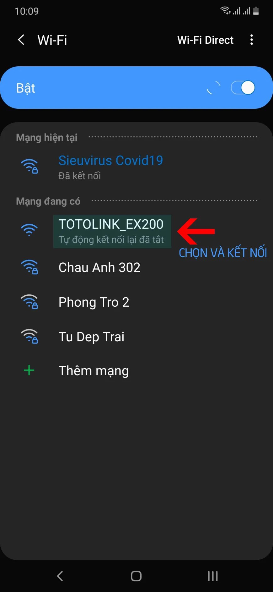 Tìm và kết nối với mạng Wi-Fi mặc định TOTOLINK_EX200 để thực hiện cách cài đặt thiết bị kích sóng wifi totolink