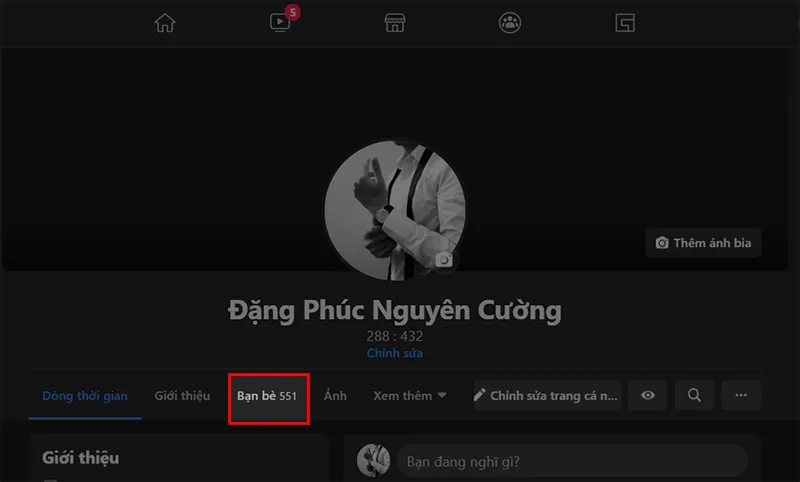 Trang cá nhân Facebook trên máy tính hiển thị mục Bạn bè