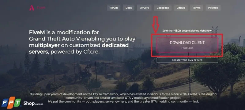 Trang chủ FiveM và vị trí nút Download Client