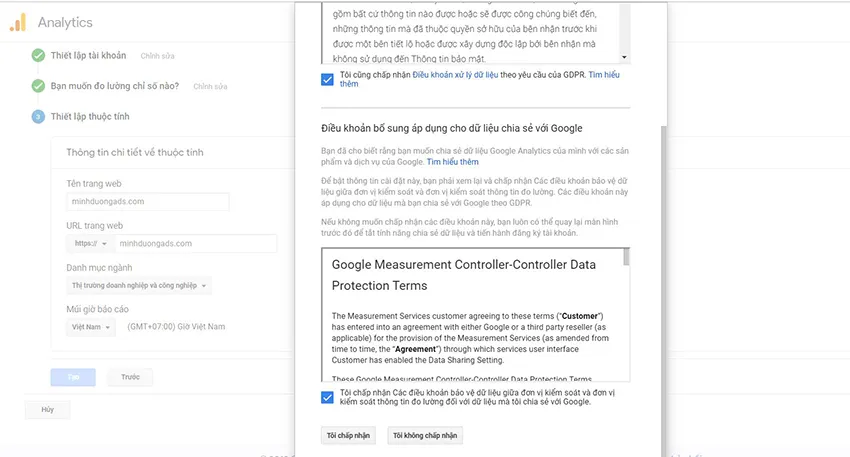 Trang điều khoản dịch vụ của Google Analytics trước khi nhận mã theo dõi