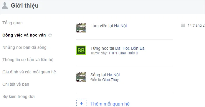 Trang Giới thiệu trên profile Facebook, nơi chứa các thông tin cá nhân cần ẩn tuyệt đối