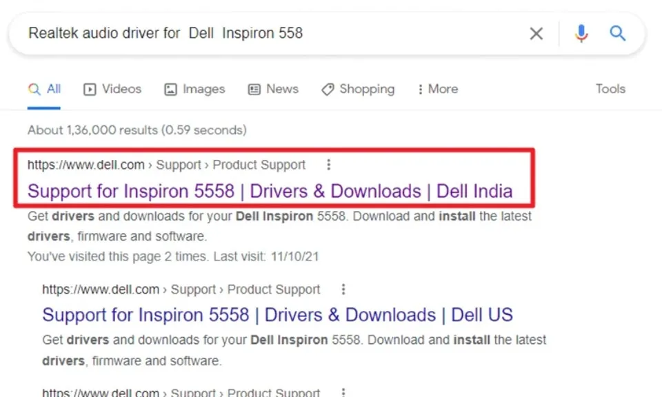Trang kết quả tìm kiếm driver