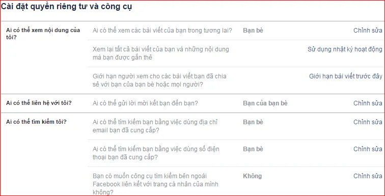 Trang Quyền riêng tư trên Facebook, nơi kiểm soát các cài đặt quan trọng nhất để ẩn profile facebook
