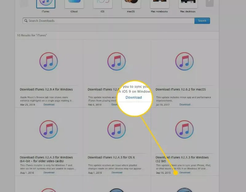 Trang web tải xuống iTunes chính thức của Apple với nút Download cho Windows