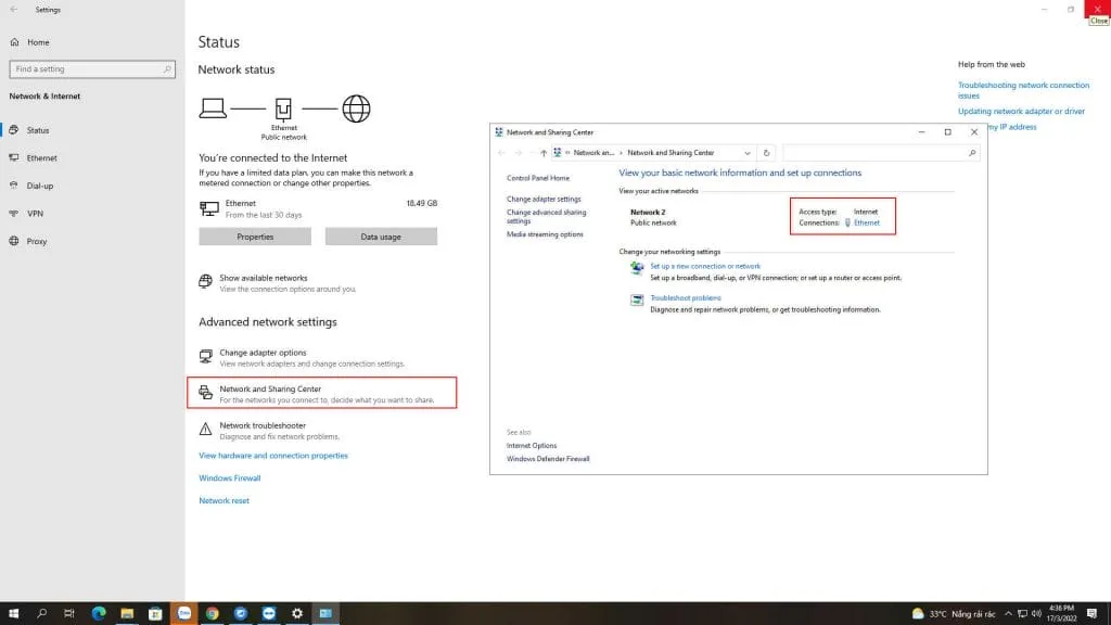 Trên hộp thoại Network and Sharing Center mở ra, nhấn vào mục Reddy to create nếu đang sử dụng mạng dây