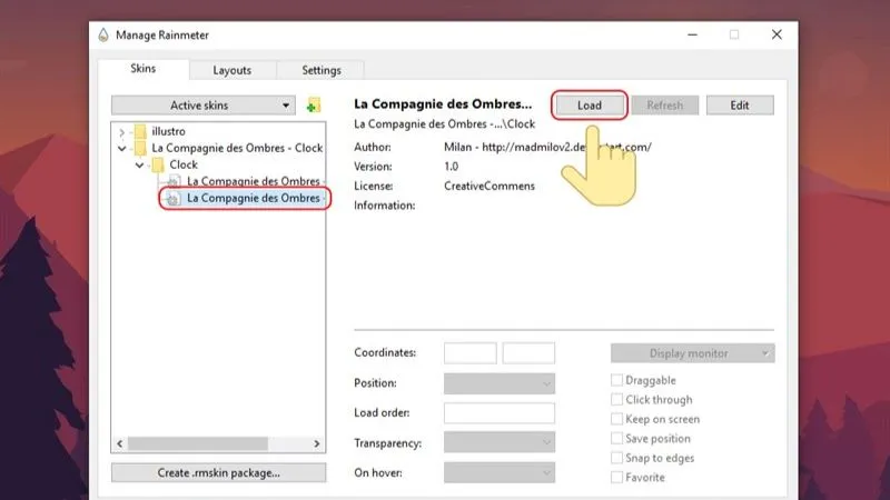 Trong giao diện Manage Rainmeter, chọn tệp skin (.ini) mong muốn và nhấn nút Load để áp dụng