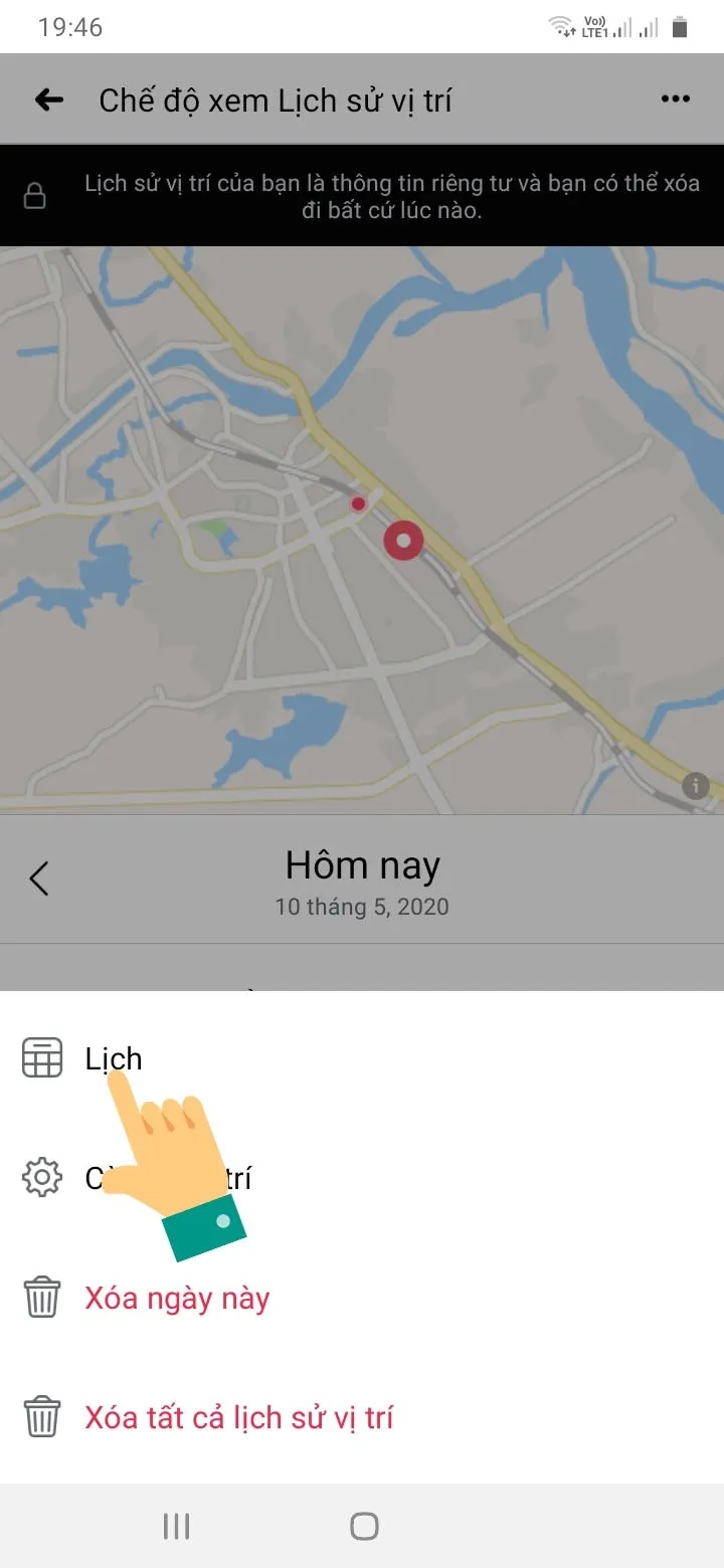 Trong Menu, người dùng chọn mục Lịch để lọc dữ liệu định vị theo một ngày cụ thể