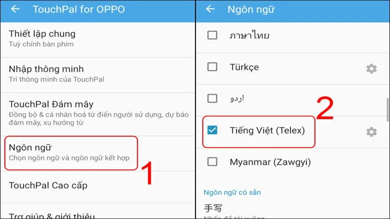 Trong mục Ngôn ngữ của TouchPal, chọn Tiếng Việt (Telex)