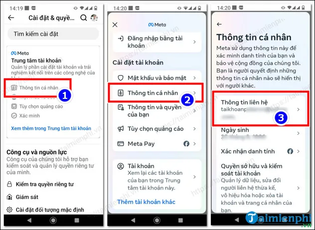Trong Thông tin cá nhân, chọn Thông tin liên hệ để kiểm tra số điện thoại
