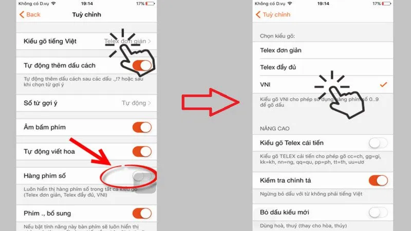 Trong Tùy chỉnh, chọn Kiểu gõ tiếng Việt và chọn kiểu gõ mong muốn