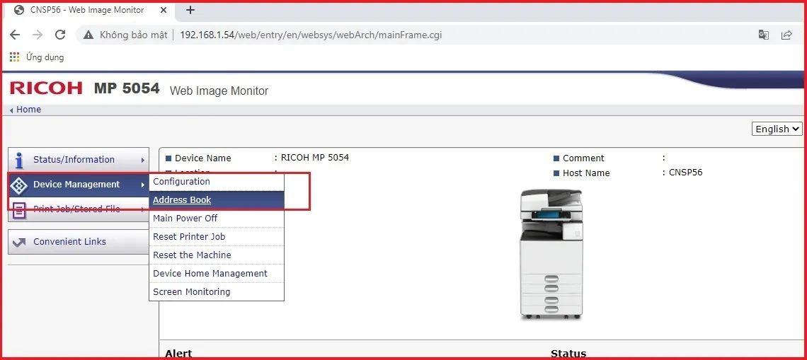 Truy cập Address Book để thêm người dùng scan trong Web Image Monitor