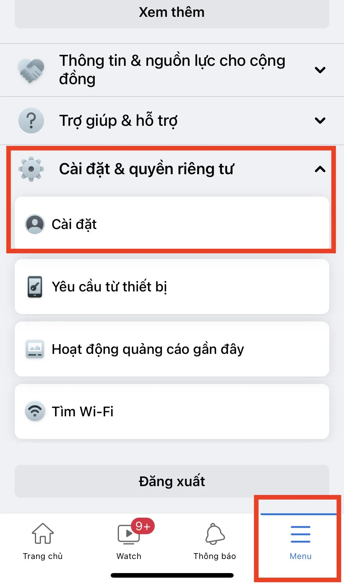 Truy cập Cài đặt Facebook trên điện thoại để thực hiện cách gộp 2 nick facebook thành 1