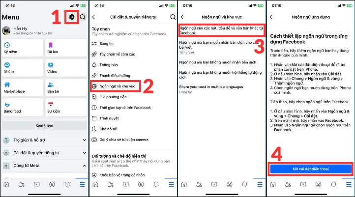 Truy cập Cài đặt Ngôn ngữ Facebook để thay đổi sang tiếng Indonesia