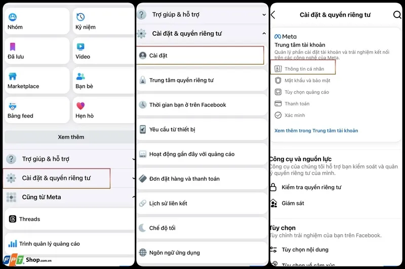 Truy cập Cài đặt và Quyền riêng tư trong ứng dụng Facebook