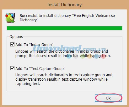 Truy cập file từ điển vừa tải, chọn Add to Index Group và Add to Text Capture Group rồi bấm OK