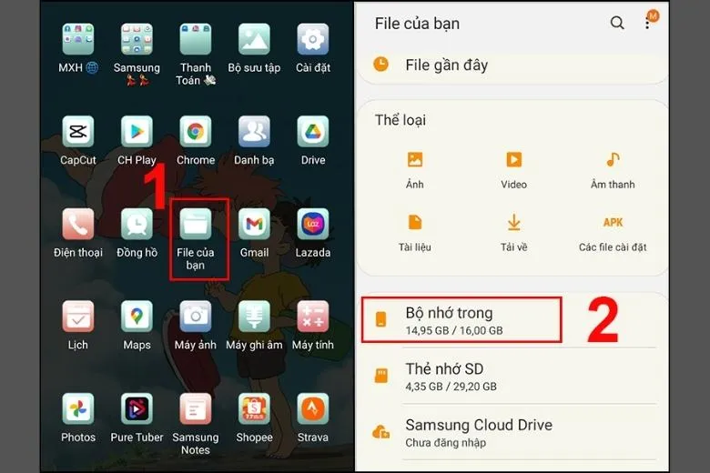 Truy cập File và chọn Bộ nhớ trong