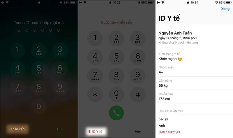 Truy cập ID Y tế từ màn hình bị khóa bằng cách nhấn Khẩn cấp rồi chọn ID Y tế
