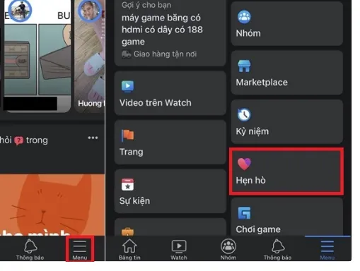 Truy cập mục Hẹn hò trong menu Facebook